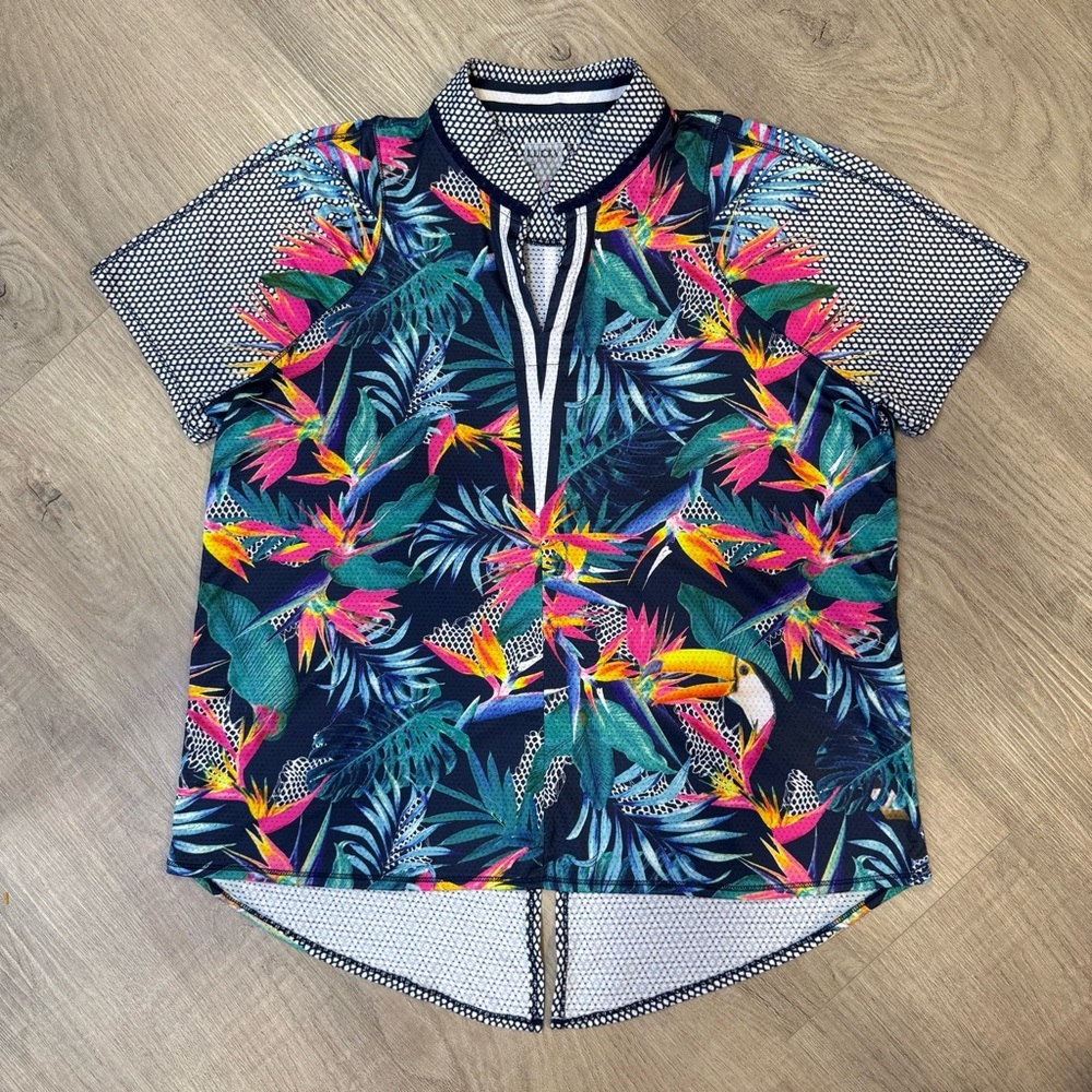 Lucky in Love Tropical Floral Polo in Navy, Teal, Pink, Yellow